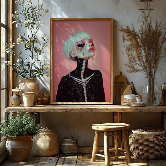 8.5x11 Goth Girl Skeleton Art Print | Surreal Blonde Doll Portrait - Picture 4 of 4
